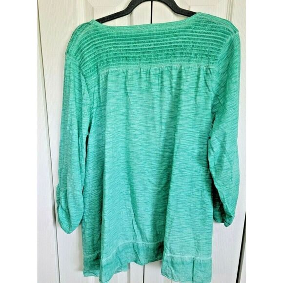 Chico’s 3 Women's Top Blouse XL Mint Green 3/4 Sleeve Angle Top Rouched Sleeves - Picture 2 of 5